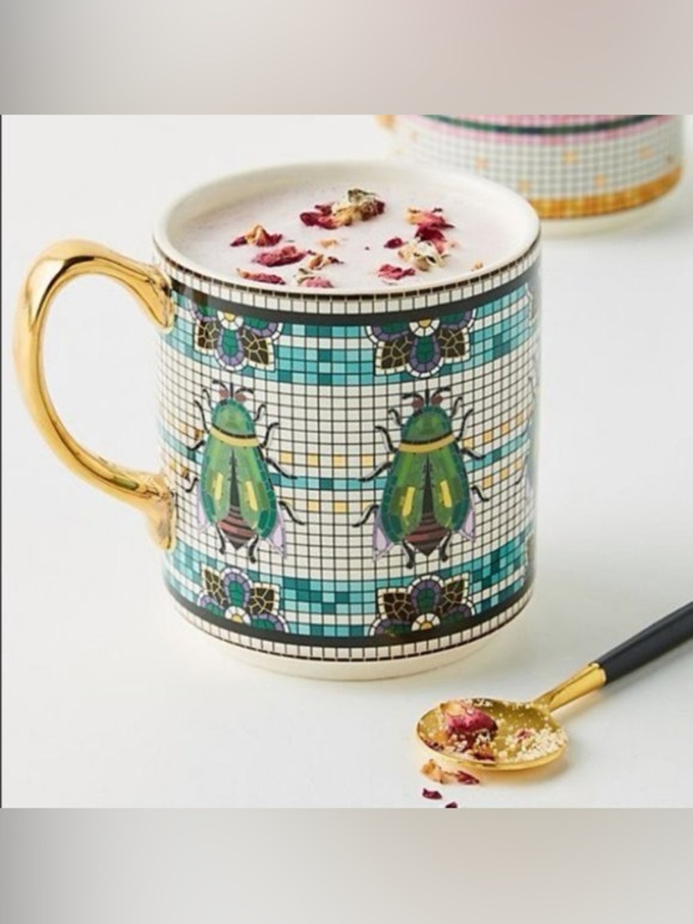 Anthropologie Green Beetle Mosaic Ceramic Mug with Gold Handle